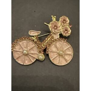 NWT Pink Bicycle Brooch, Enamel, Faux Pearl, Rhinestone Accents, 1.9" x 1.6"